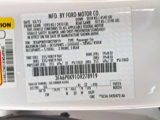 3FA6P0K91DR278919 - 2013 FORD FUSION TITANIUM  photo 10