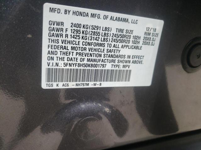 5FNYF8H50KB001797 - 2019 HONDA PASSPORT EXL 灰色 照片 13