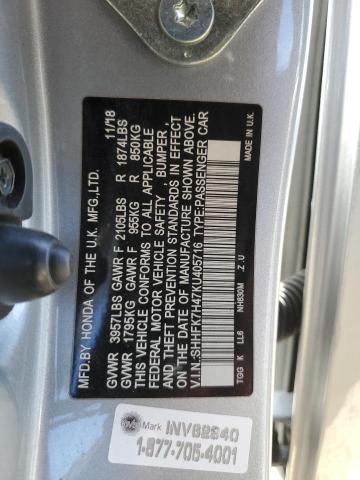 SHHFK7H47KU405716 - 2019 HONDA CIVIC SPORT ვერცხლისფერი ფოტო 12