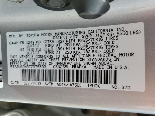 5TEJU62N97Z375593 - 2007 TOYOTA TACOMA DOUBLE CAB PRERUNNER SILVER photo 13