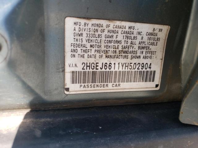 2HGEJ6611YH502904 - 2000 HONDA CIVIC BASE TURQUOISE photo 13