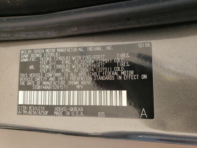 5TDBT48A87S281511 - 2007 TOYOTA SEQUOIA LIMITED GRAY photo 13