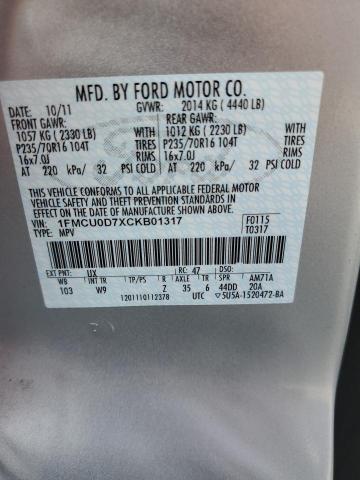 1FMCU0D7XCKB01317 - 2012 FORD ESCAPE XLT SILVER photo 13