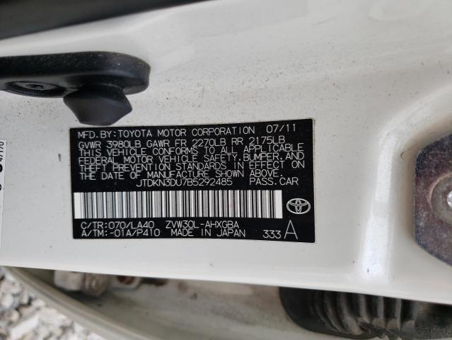 JTDKN3DU7B5292485 - 2011 TOYOTA PRIUS WHITE photo 12