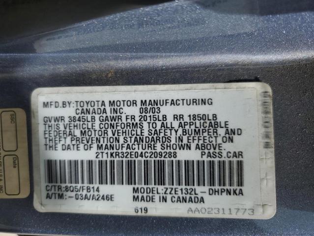 2T1KR32E04C209288 - 2004 TOYOTA COROLLA MA XR BLUE photo 12