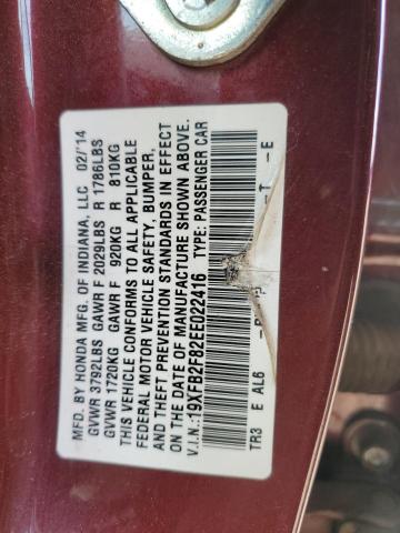 19XFB2F82EE022416 - 2014 HONDA CIVIC EX BURGUNDY photo 12