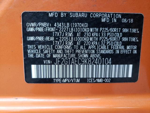 JF2GTAEC9K8240104 - 2019 SUBARU CROSSTREK PREMIUM ORANGE photo 12