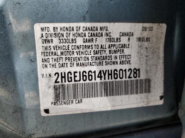 2HGEJ6614YH601281 - 2000 HONDA CIVIC BASE Turkuaz foto 12