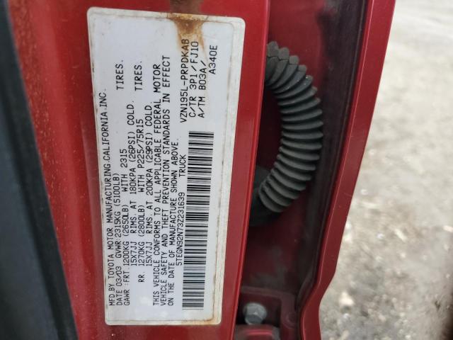 5TEGN92N73Z231639 - 2003 TOYOTA TACOMA DOUBLE CAB PRERUNNER RED photo 12