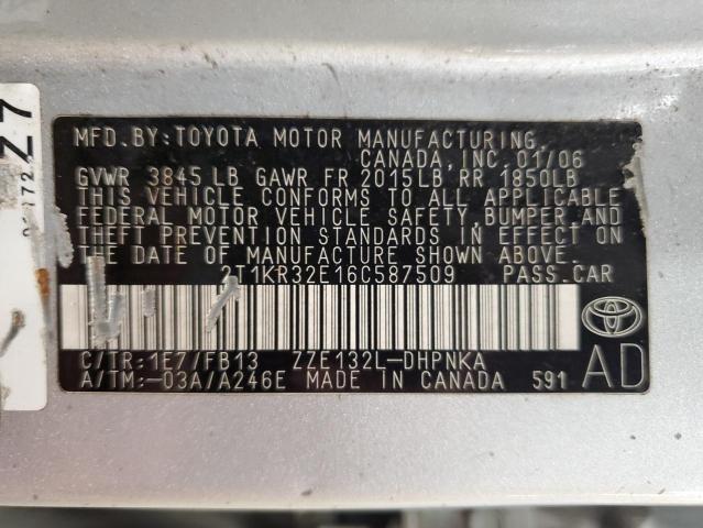 2T1KR32E16C587509 - 2006 TOYOTA COROLLA MA XR SILVER photo 12
