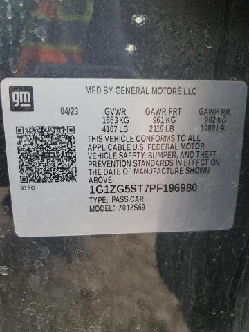 1G1ZG5ST7PF196980 - 2023 CHEVROLET MALIBU RS შავი ფოტო 12