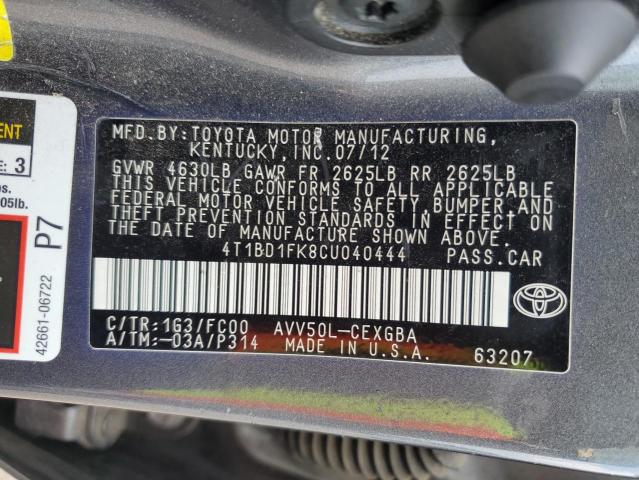 4T1BD1FK8CU040444 - 2012 TOYOTA CAMRY HYBRID GRAY photo 12