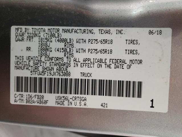 5TFUW5F19JX763088 - 2018 TOYOTA TUNDRA DOUBLE CAB SR/SR5 SILVER photo 12