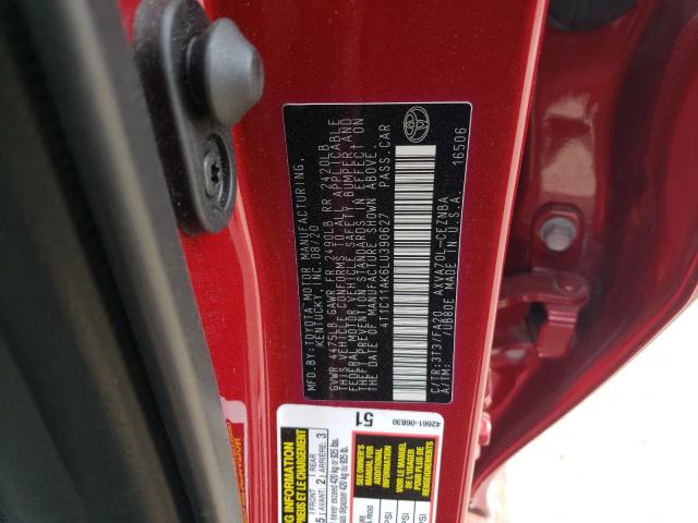 4T1C11AK6LU390627 - 2020 TOYOTA CAMRY LE RED photo 12