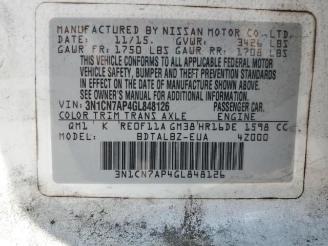 3N1CN7AP4GL848126 - 2016 NISSAN VERSA S 白色 照片 13