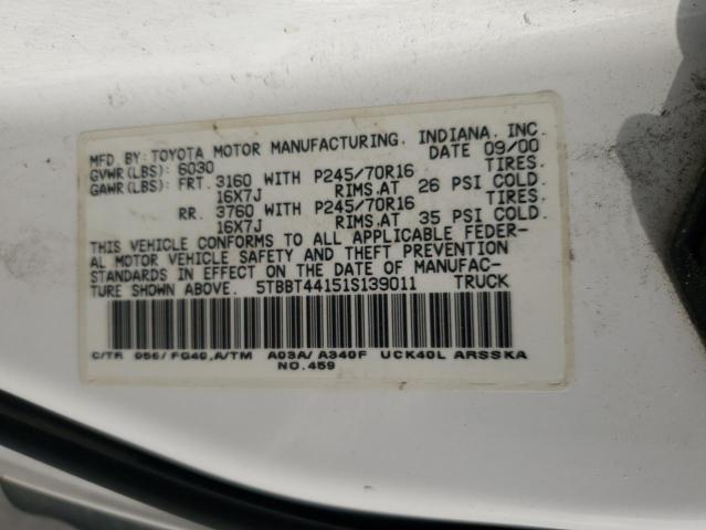 5TBBT44151S139011 - 2001 TOYOTA TUNDRA ACCESS CAB თეთრი ფოტო 12