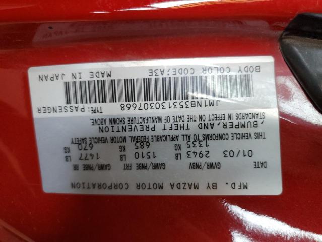 JM1NB353130307668 - 2003 MAZDA MX-5 MIATA BASE RED photo 12
