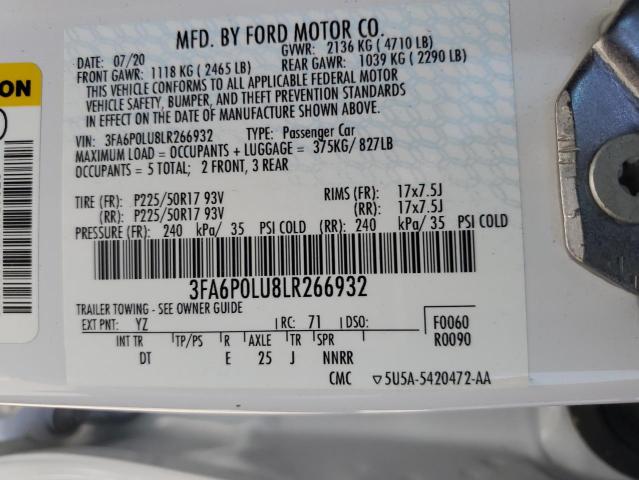 3FA6P0LU8LR266932 - 2020 FORD FUSION SE WHITE photo 12