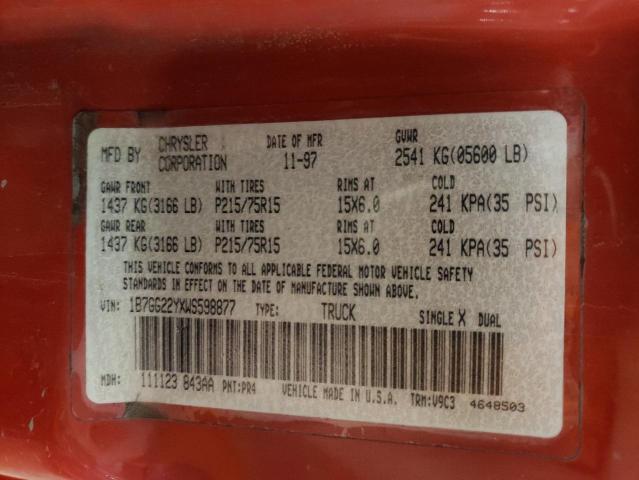 1B7GG22YXWS598877 - 1998 DODGE DAKOTA RED photo 12