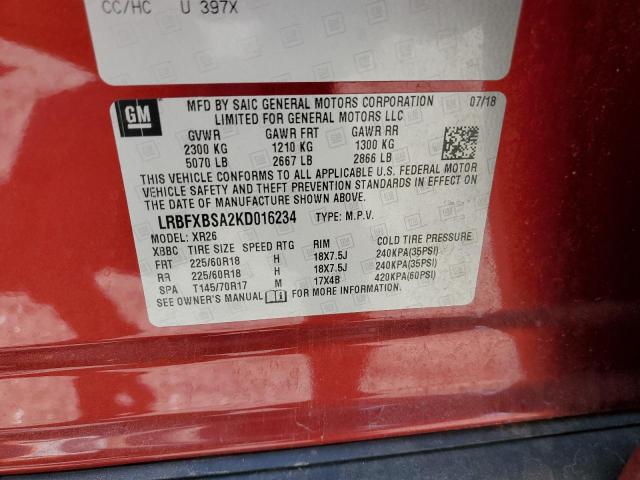 LRBFXBSA2KD016234 - 2019 BUICK ENVISION PREFERRED 红色 照片 13