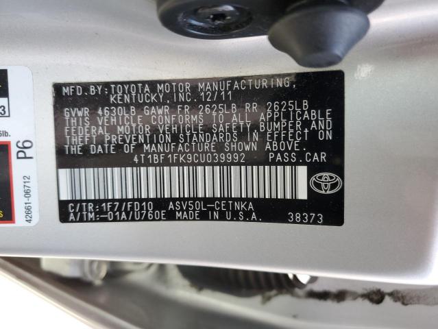 4T1BF1FK9CU039992 - 2012 TOYOTA CAMRY BASE SILVER photo 12