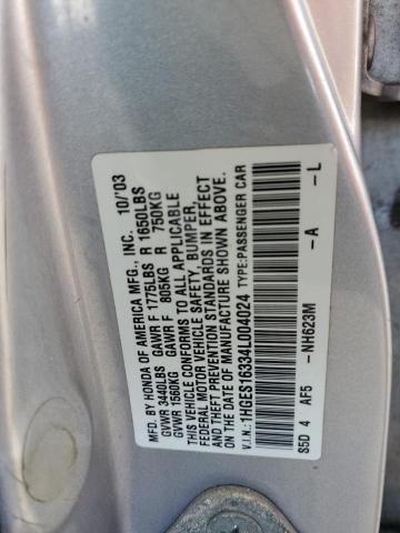 1HGES16334L004024 - 2004 HONDA CIVIC DX VP SILVER photo 13