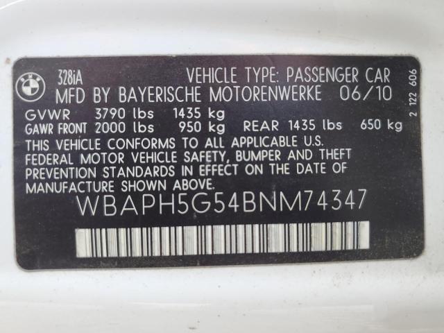 WBAPH5G54BNM74347 - 2011 BMW 3 SERIES I SULEV WHITE photo 13