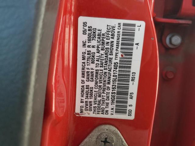 1HGES16315L017405 - 2005 HONDA CIVIC DX VP Կարմիր լուսանկար 13