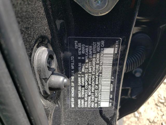 SHHFK7H44KU220314 - 2019 HONDA CIVIC SPORT შავი ფოტო 12