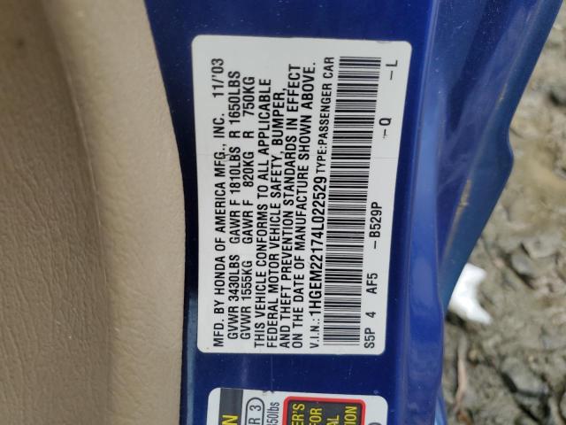 1HGEM22174L022529 - 2004 HONDA CIVIC DX VP Mavi foto 12