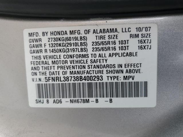 5FNRL38738B400293 - 2008 HONDA ODYSSEY EXL SILVER photo 13