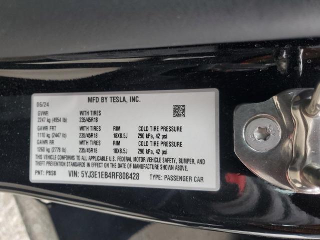 5YJ3E1EB4RF808428 - 2024 TESLA MODEL 3 Қара фото 12
