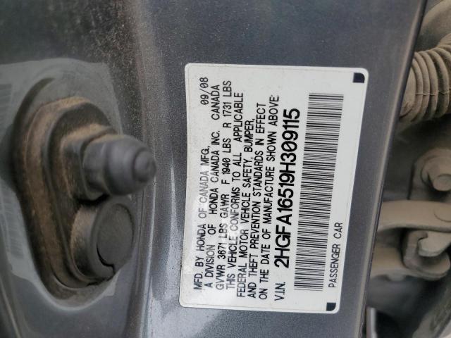 2HGFA16519H309115 - 2009 HONDA CIVIC LX GRAY photo 12