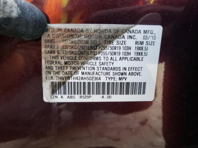 2HNYB1H42AH502364 - 2010 ACURA ZDX TECHNOLOGY BURGUNDY photo 12