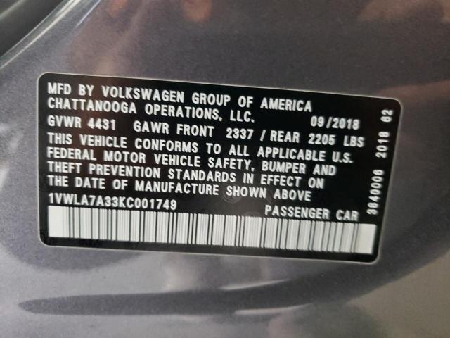 1VWLA7A33KC001749 - 2019 VOLKSWAGEN PASSAT WOLFSBURG GRAY photo 12