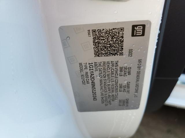 1G1YA2D49N5120343 - 2022 CHEVROLET CORVETTE STINGRAY 1LT WHITE photo 12