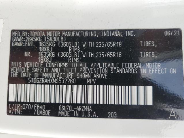 5TDGZRAHXMS532260 - 2021 TOYOTA HIGHLANDER XLE WHITE photo 13