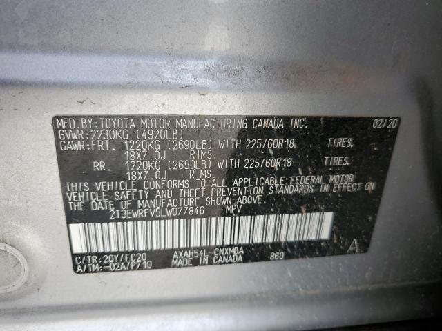 2T3EWRFV5LW077846 - 2020 TOYOTA RAV4 XSE SILVER photo 13