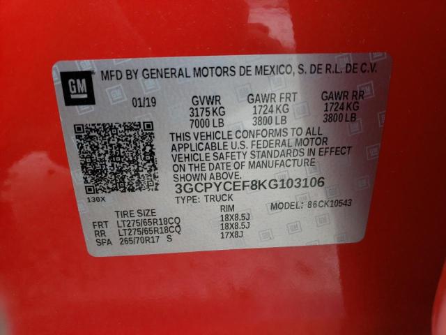 3GCPYCEF8KG103106 - 2019 CHEVROLET SILVERADO K1500 TRAIL BOSS CUSTOM RED photo 12