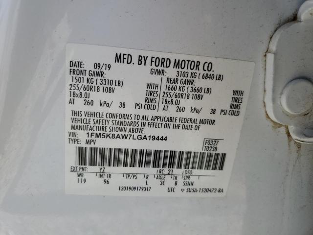 1FM5K8AW7LGA19444 - 2020 FORD EXPLORER POLICE INTERCEPTOR 白色 照片 10