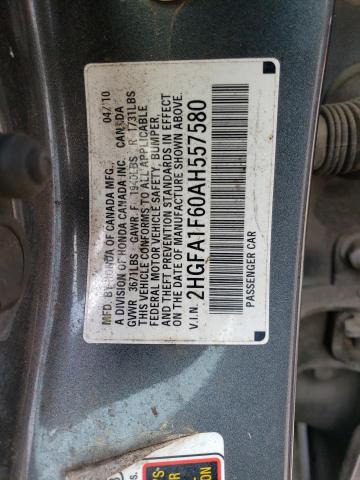 2HGFA1F60AH557580 - 2010 HONDA CIVIC LX-S Gris photo 12