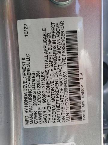 1HGCV1F36NA089503 - 2022 HONDA ACCORD SPORT SILVER photo 12