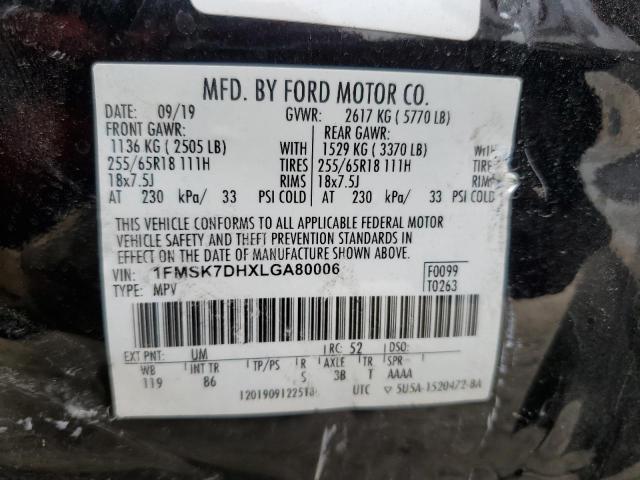 1FMSK7DHXLGA80006 - 2020 FORD EXPLORER XLT BLACK photo 13