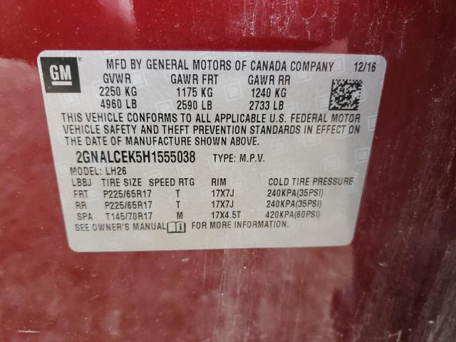 2GNALCEK5H1555038 - 2017 CHEVROLET EQUINOX LT წითელი ფოტო 13