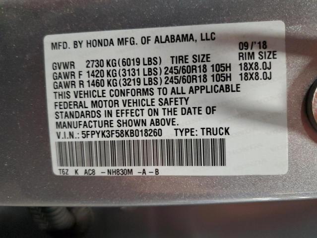 5FPYK3F58KB018260 - 2019 HONDA RIDGELINE RTL SILVER photo 13