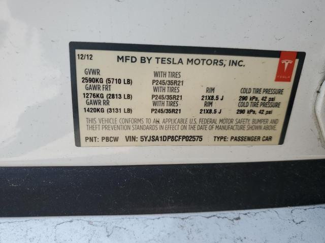 5YJSA1DP8CFP02575 - 2012 TESLA MODEL S WHITE photo 12