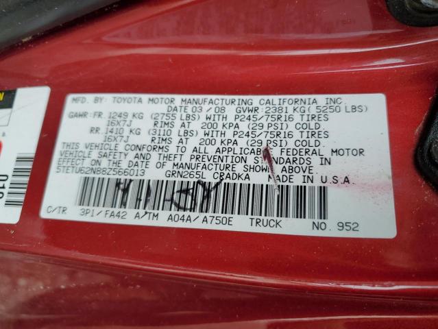 5TETU62N88Z566013 - 2008 TOYOTA TACOMA PRERUNNER ACCESS CAB RED photo 12