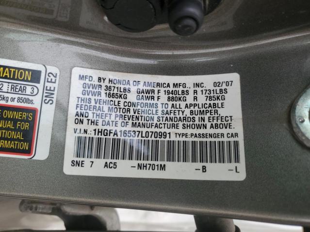 1HGFA16537L070991 - 2007 HONDA CIVIC LX TAN photo 12