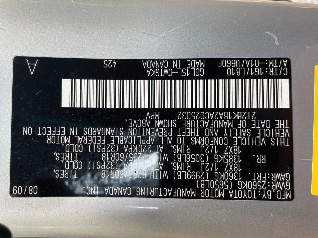 2T2BK1BA2AC025032 - 2010 LEXUS RX 350 SILVER photo 10