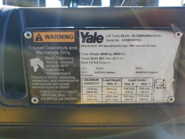 000000A910V18105J - 2016 YALE FORKLIFT YELLOW photo 10